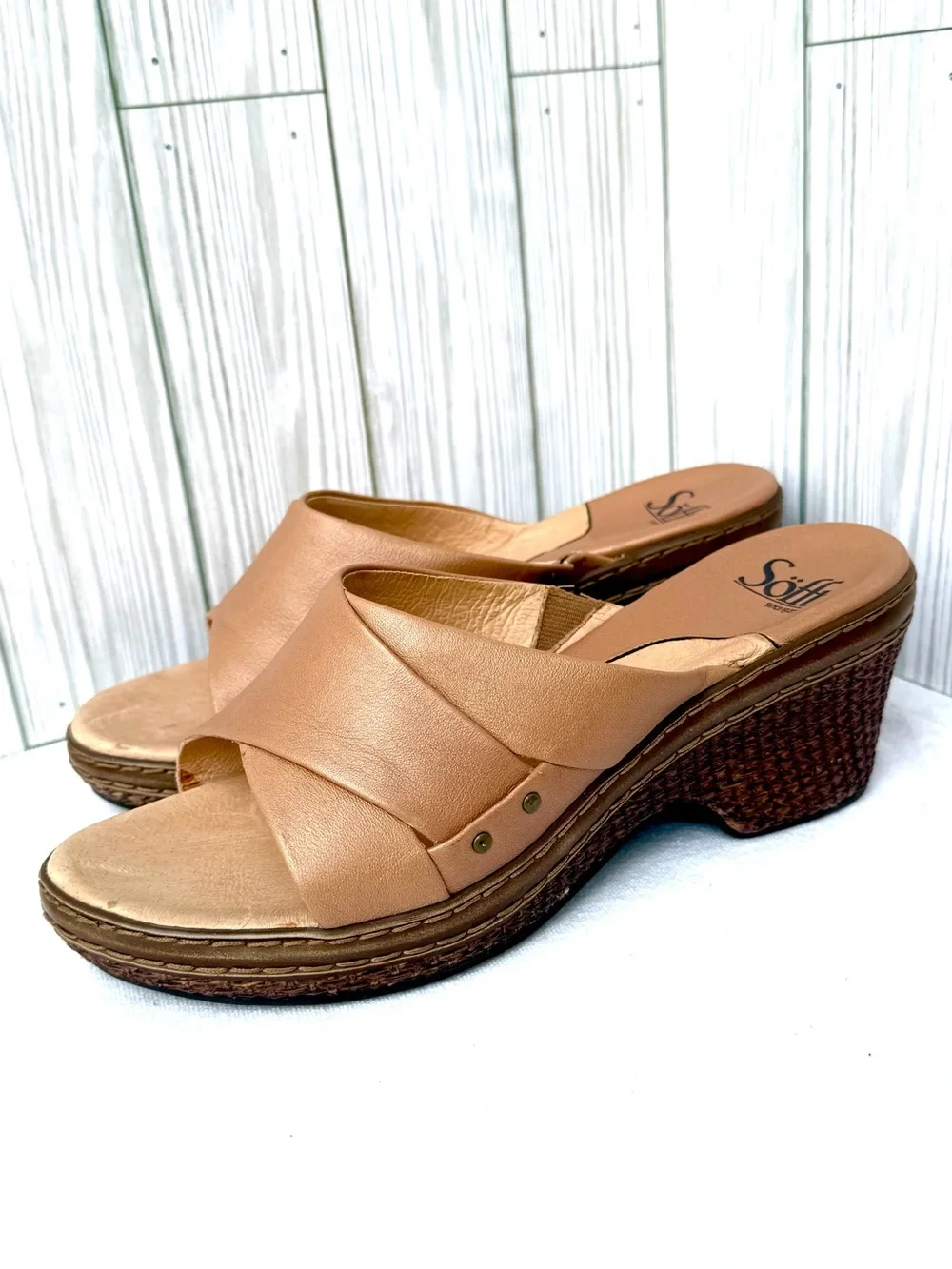 Sofft Tan Leather Wedge Sandals